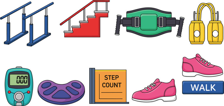 Physical Therapy and Rehabilitation Icon Set Featuring Parallel Bars Stairs Exercise Belt Pedometer and Walking Shoes