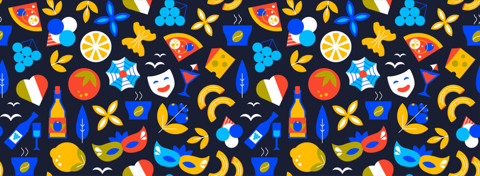Seamless geometric ornament, colorful Italian symbols, summer travel, Mediterranean culture pattern