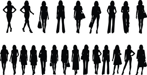 Large collection of female silhouettes walking standing poses, stylish women with bags, black isolated figures, fashion body language vector illustration set © SreeMoti