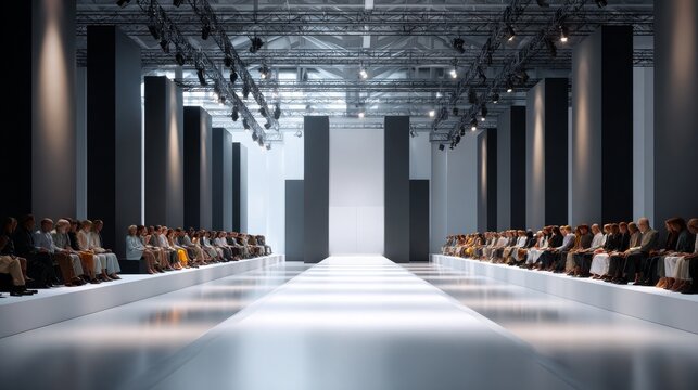Elegant fashion runway with a spacious layout and stylish audience awaiting the show.