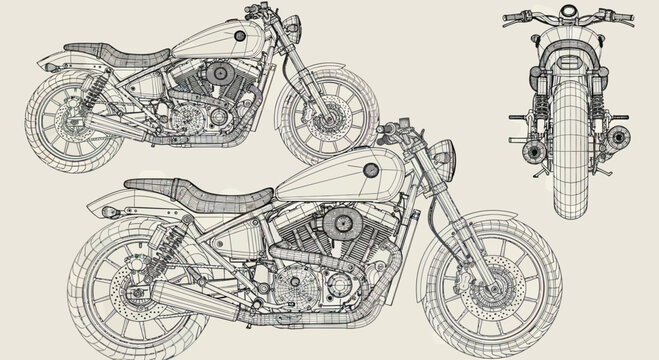 Technical wireframe blueprint of a classic cruiser motorcycle, multiple views line art illustration with side and rear perspectives