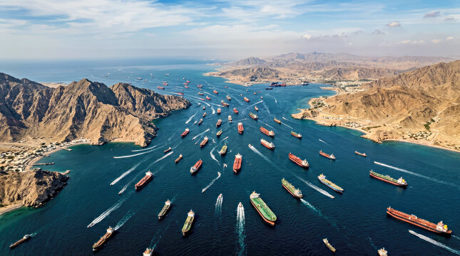 aerial view of strait of hormuz with cargo ships transporting oil under clear blue sky