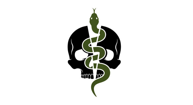 Skull with snake coiled around, medical symbol, dark horror concept