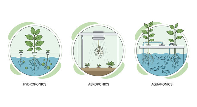 Hydroponics, aeroponics and aquaponics systems.