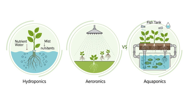 Hydroponics, aeroponics and aquaponics systems.