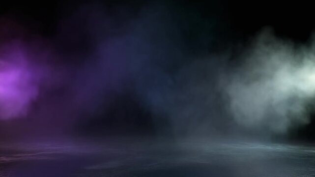 Atmospheric smoky stage with purple and blue lighting effects on a dark background, creating a dramatic ambiance
