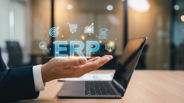 Businessman holding virtual erp icon on laptop background, enterprise resource planning software for business management