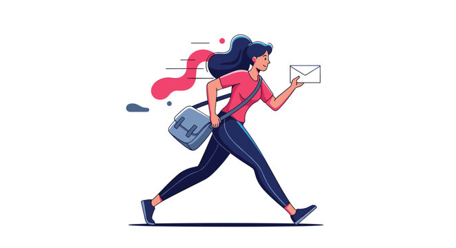 Fast female mail carrier runs quickly to deliver an important envelope while carrying a blue messenger bag against a clean white background.