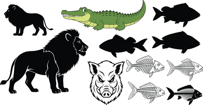 Lion, crocodile, fish, skeleton, boar, animal, silhouette, vector, wildlife, predator, nature, collection, set, illustration, black, isolated, design, aquatic, wild, safari.