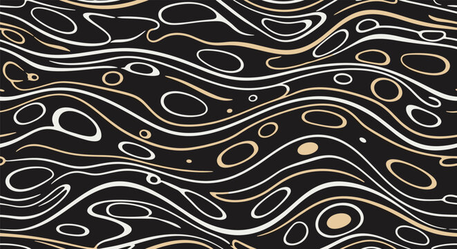 Modern abstract seamless pattern featuring organic wavy lines and oval shapes in white and beige tones on a solid black background.