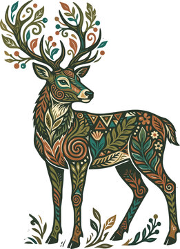 Mystical Forest Deer with Botanical Ornament Illustration