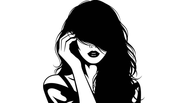 Minimalist Vector Portrait of a Mysterious Woman with Long Wavy Hair