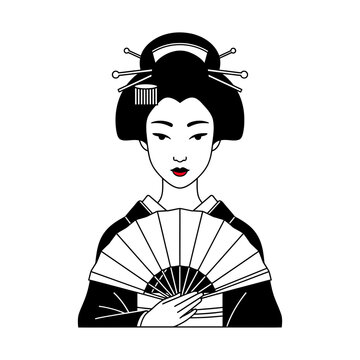 Japanese Geisha Woman in Traditional Kimono Holding a Folding Fan, Black and White Vector Illustration