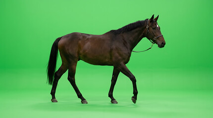 Fototapeta premium Brown horse walking on a green screen background, studio shot