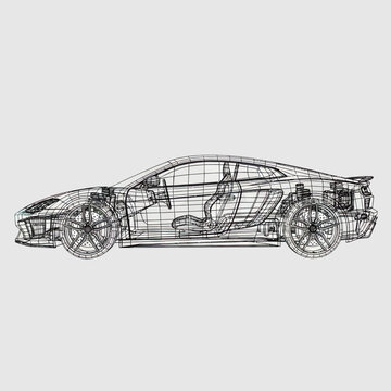 Sports Car Wireframe 3D CAD Design Technical Automotive Blueprint Illustration Profile View