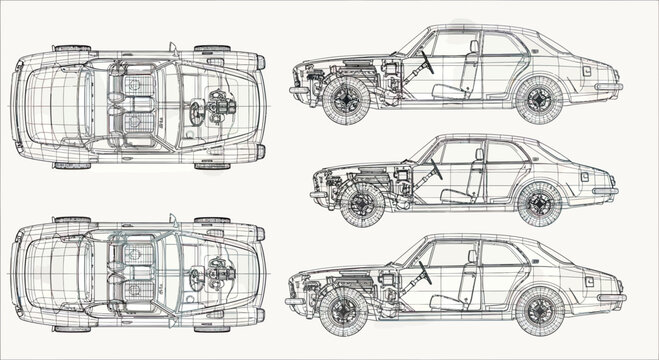 Technical Wireframe Blueprint of a Classic Sedan Vector Illustration Showing Internal Components and Mechanical Structure from Top and Side Views