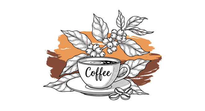 Artistic hand drawn coffee cup with saucer surrounded by a coffee plant branch with leaves and ripe coffee beans.