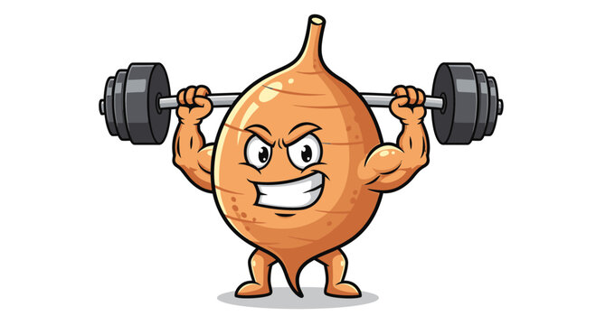 Muscular Cassava Root Mascot Lifting a Barbell Vector Illustration, Strong Healthy Food Character Doing Weightlifting Gym Workout