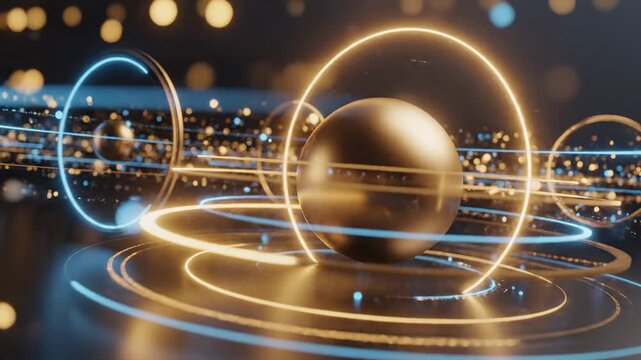 Abstract futuristic technology concept with glowing digital rings and data particles surrounding a central sphere.