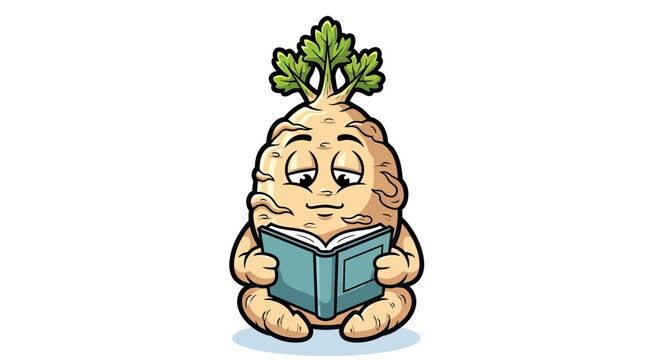 Cute Cartoon Root Vegetable Mascot Character Reading a Book, Parsnip or Mandrake Illustration Isolated on White
