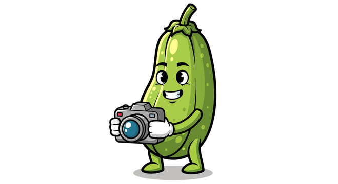 Cute Cartoon Zucchini Character as Professional Photographer Mascot Holding a DSLR Camera Vector Illustration