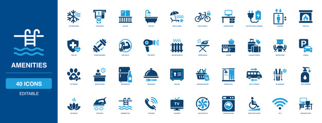 Amenities Solid Icon Set featuring air conditioning atm, machine balcony bath, beach lounge bicycle, rental computer desk, electric vehicle, charging elevator fire, fitness equipment gym. © Vector IMG
