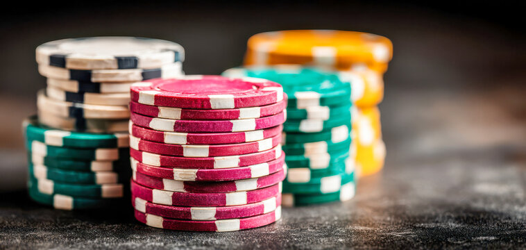 Colorful poker chips stack on a dark surface during a game night at a home in the evening hours in a social gathering