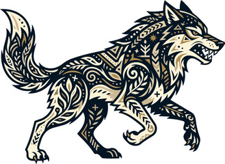 Fototapeta premium Mystical Folk Art Wolf Illustration with Botanical Patterns