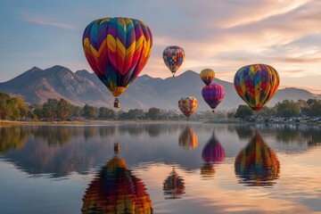 Fototapeta premium Colorful hot air balloons gracefully float over a serene lake at sunrise.