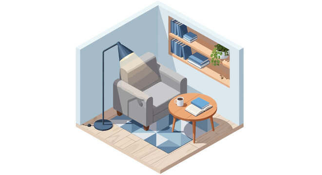 Isometric illustration of a cozy reading nook with armchair, table, books, and lamp