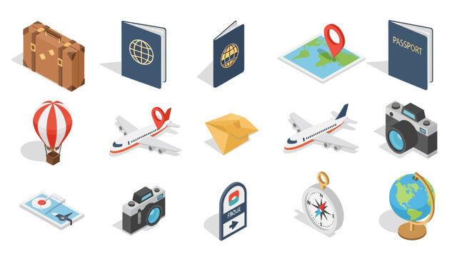 Isometric Travel Icons: Passport, Airplane, Camera, and Travel Elements Illustration