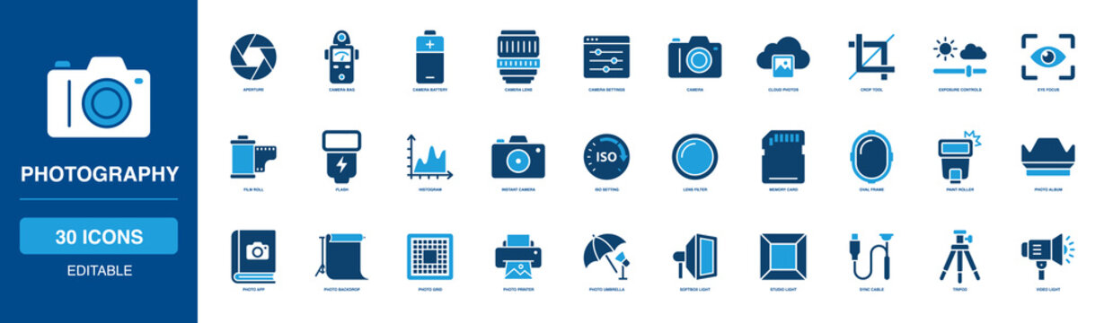 Photography Solid Icon Set featuring aperture camera bag, battery lens settings, cloud photos crop, exposure controls, eye focus, film roll flash, histogram instant, photo softbox.