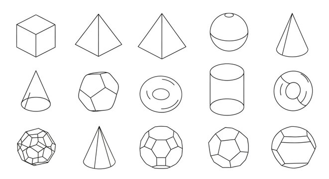 Geometric forms and shapes in a line art style, various forms depicted on white background