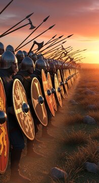 Medieval warriors in shield wall formation at dawn