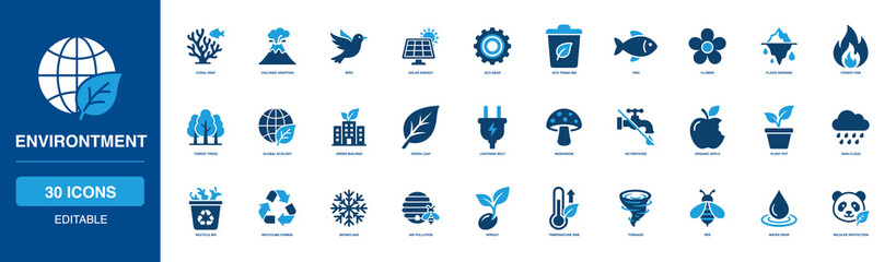 Environtment Solid Icon Set featuring coral reef volcanic, eruption bird solar, energy eco gear, trash bin fish flower, flood warning forest, fire trees global, green leaf lightning. © Vector IMG