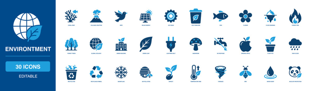 Environtment Solid Icon Set featuring coral reef volcanic, eruption bird solar, energy eco gear, trash bin fish flower, flood warning forest, fire trees global, green leaf lightning.
