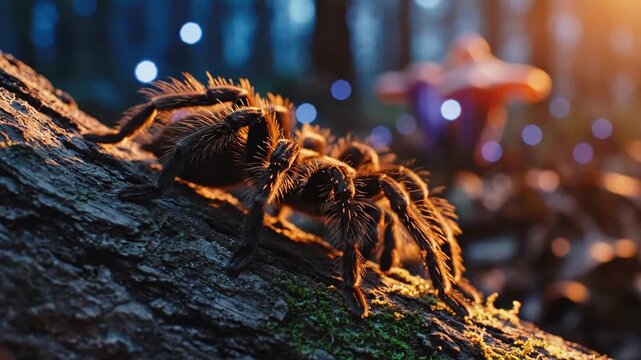 A large hairy tarantula crawls on a tree bark in a magical enchanted forest at night with glowing fireflies.