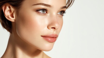 Naklejka premium A close-up portrait of a woman showcasing her natural beauty, radiant skin, and graceful features against a minimalistic background, perfect for beauty or lifestyle themes.