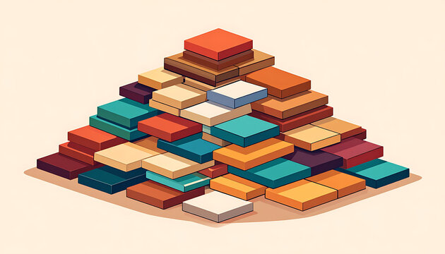 Pixel art isometric pile of colorful rectangular blocks stacked in a pyramid shape, abstract geometric construction concept