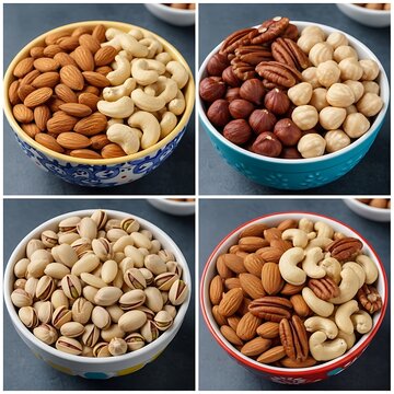 Four bowls of assorted nuts on a table