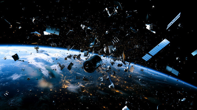 Satellite and space debris orbiting above Earth, orbital pollution concept, damaged spacecraft fragments, aerospace danger, space junk, collision risk, space mission safety and pla