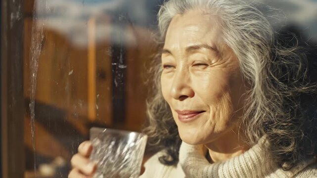 Thoughtful senior woman drinking a glass of water while looking out the window at home.