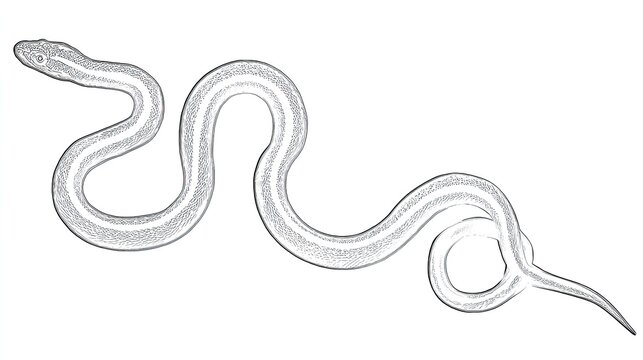Simplified line drawing depicts a long, slender reptile with striped markings coiled slightly at one end.