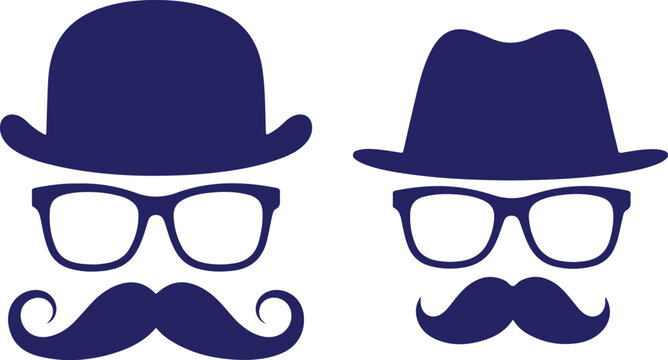 Vintage stylish mustache icons with bowler and fedora hats Vector, illustration