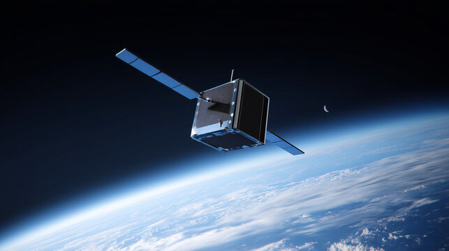 Cube satellite orbiting above Earth with solar panels, realistic space technology scene, small spacecraft, remote sensing, global communication and cinematic blue planet background