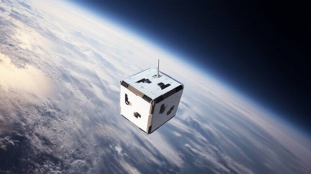 Cube satellite orbiting above Earth, small spacecraft technology, nanosatellite mission, remote sensing, aerospace engineering, data transmission and modern space innovation concep
