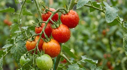 Obraz premium Macro Cluster of Ripening Red Tomatoes with Morning Dew on Vine