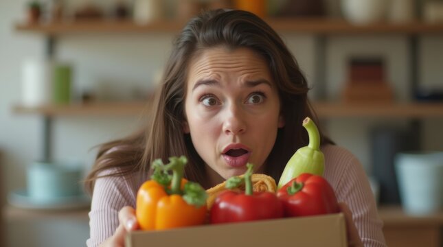 April Fools Day food prank donut box vegetables surprised woman humor celebration funny disappointment reaction indoor closeup moment 
