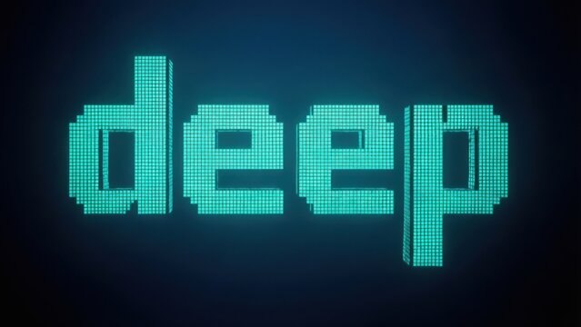 A teal colored word deep with a pixelated texture 

