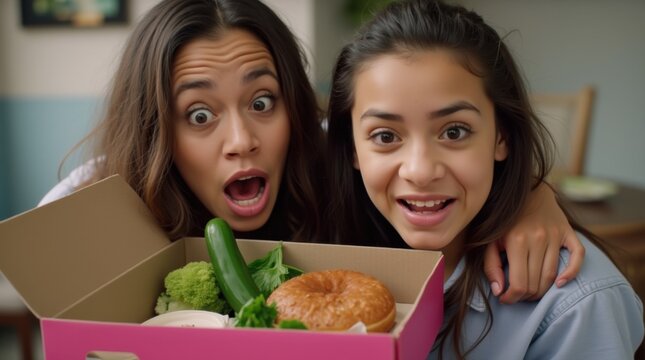April Fools Day food prank donut box vegetables surprised woman humor celebration funny disappointment reaction indoor closeup moment 
